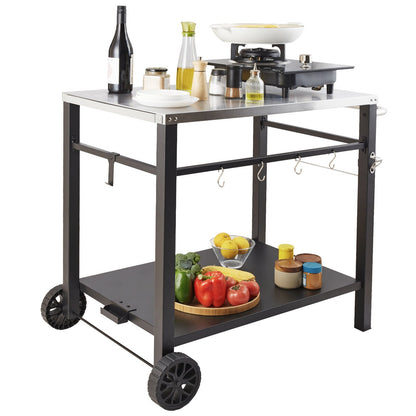 VEVOR Outdoor Grill Dining Cart with Double-Shelf, 85*55cm BBQ Movable Food Prep Table, Multifunctional Stainless Steel Table Top, Portable Modular Carts for Pizza Oven, Worktable with 2 Wheels, Carry Handle