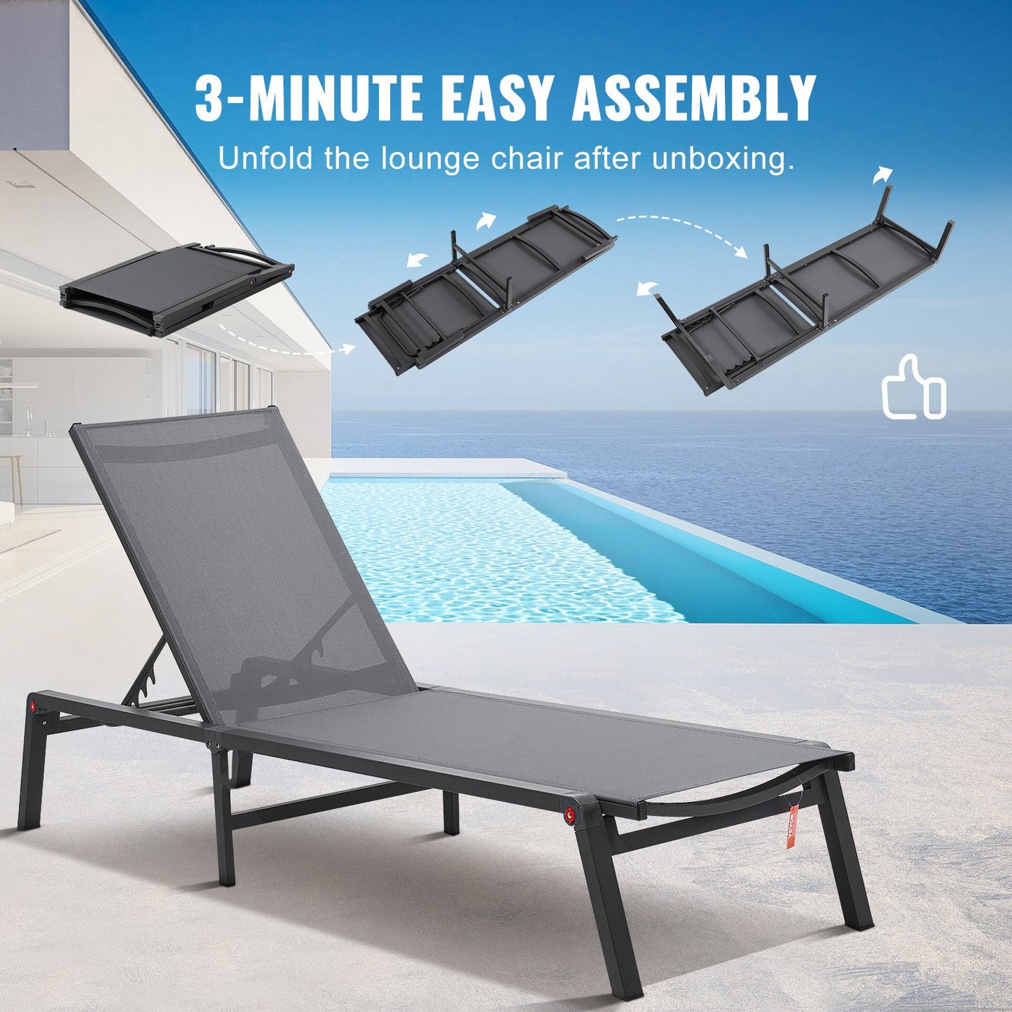 VEVOR Chaise Lounge Chair Outdoor, Aluminum Patio Lounge Chair with Adjustable 5-Position, Folding Pool Lounge Chair Recliner and Full Flat Tanning Chair for Patio, Beach, Pool, Dark Grey