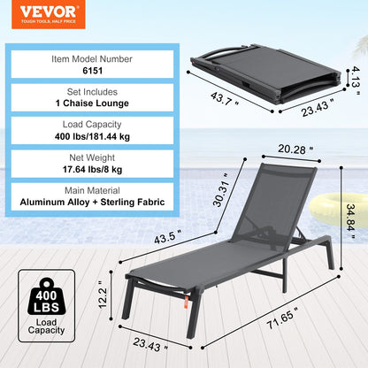 VEVOR Chaise Lounge Chair Outdoor, Aluminum Patio Lounge Chair with Adjustable 5-Position, Folding Pool Lounge Chair Recliner and Full Flat Tanning Chair for Patio, Beach, Pool, Dark Grey