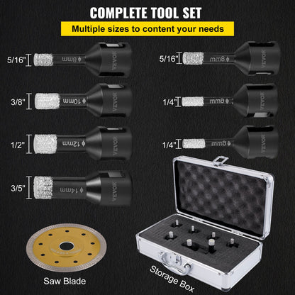 VEVOR Diamond Drill Bits 7PCS Diamond Hole Saw 6/6/8/8/10/12/14mm Tile Hole Saw Kit Vacuum Brazed Diamond Drill Bit 0.59in/15mm Segment Tile Hole Saw w Storage Case for Tile Ceramic Porcelain Marble