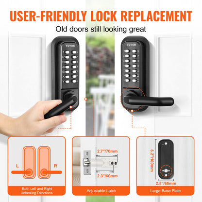 VEVOR Mechanical Keyless Entry Door Lock, 14 Digit Keypad, Water-proof Zinc Alloy, Double-sided Embedded Outdoor Gate Door Locks Set with Keypad and Handle, Easy to Install, for Garden, Garage, Yard