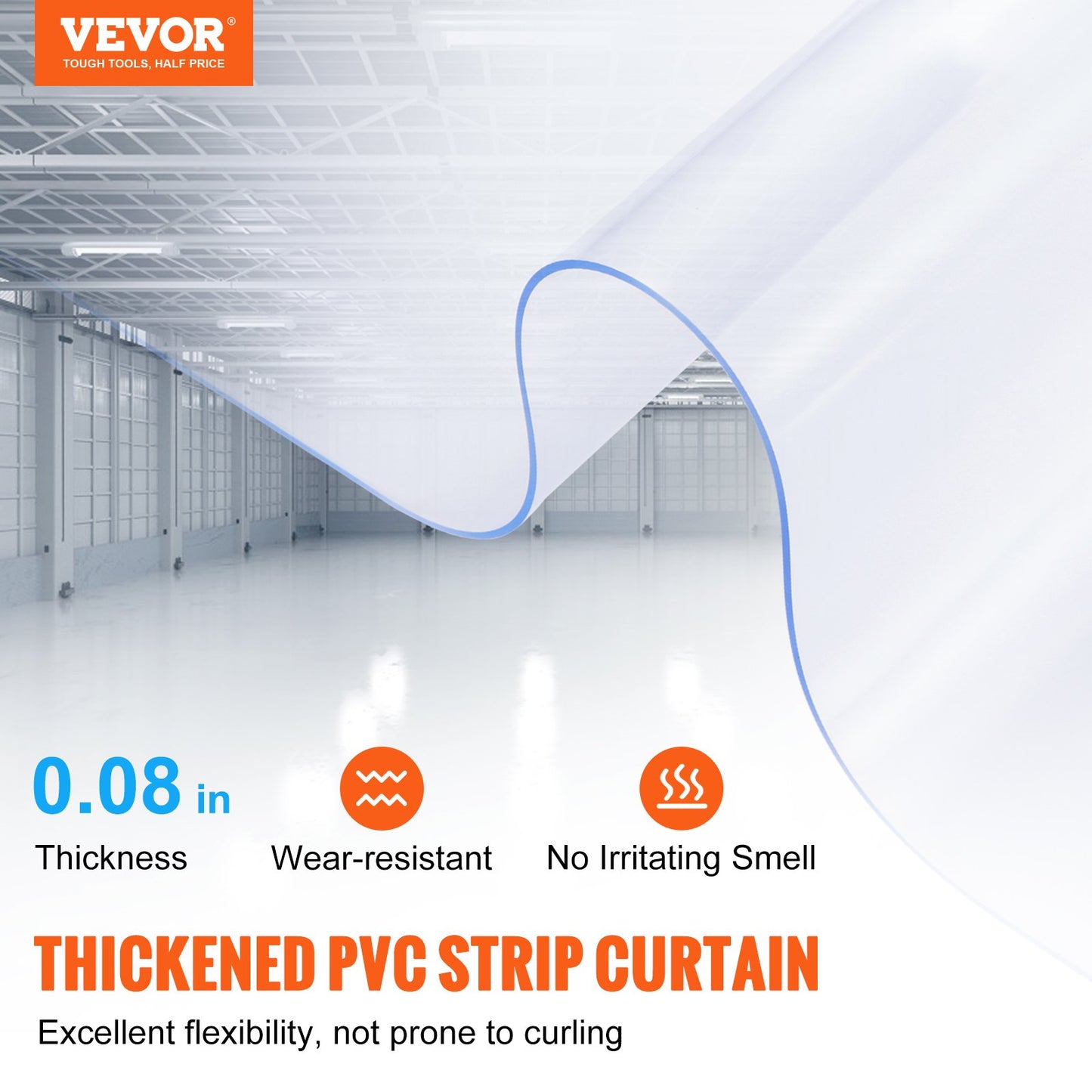 VEVOR Strip Curtain, 75' Length x 8" Width x 0.08" Thickness, Clear PVC Smooth Curtain Strip Door Bulk Roll, Plastic Door Strips for Doorways of Supermarket, Garage, Warehouse, Barn, Pet Animal House