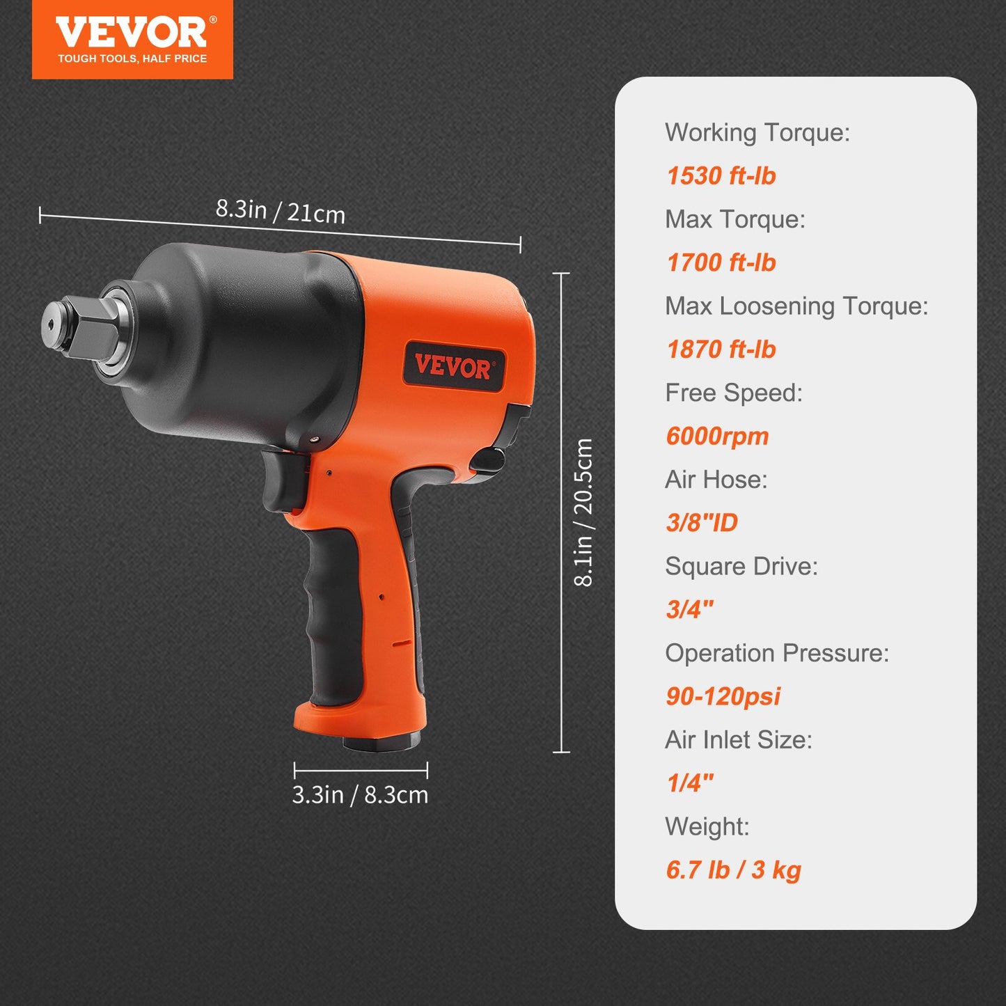 VEVOR Air Impact Wrench, 3/4-Inch Drive Air Impact Gun, Up to 1870ft-lbs Nut-busting Torque, Composite Pneumatic Impact Wrench for Auto_epairs_nd_aintenance Heavy Duty