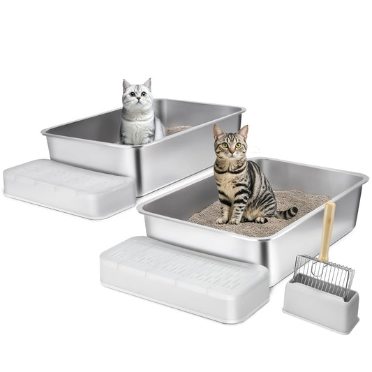 VEVOR Cat Litter Box, 152 mm Deep, XL Extra Large Stainless Steel Cat Litter Box with Scoop, Wide Filtering Foot Board & High Sides, Enclosed Odor-Free Easy-to-Clean Litter Box, Fit for Big Cats
