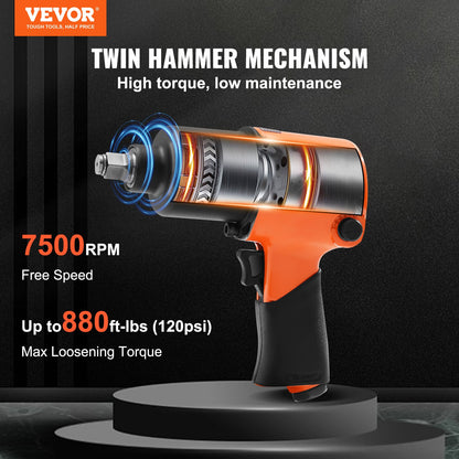 VEVOR Air Impact Wrench, 1/2" Drive Air Impact Gun Up to 880ft-lbs Nut-busting Torque, 7500RPM Lightweight Pneumatic Tool for Auto_epairs_nd_aintenance