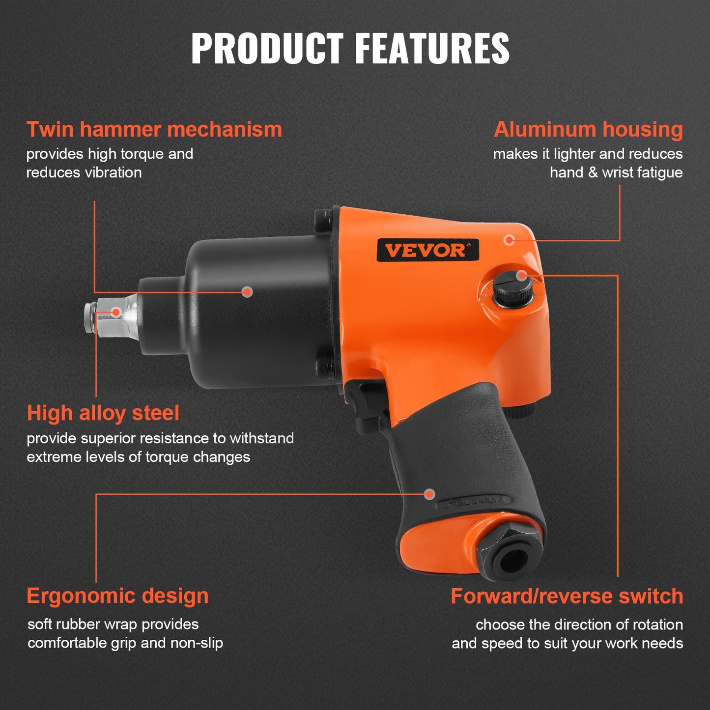 VEVOR Air Impact Wrench, 1/2" Drive Air Impact Gun Up to 880ft-lbs Nut-busting Torque, 7500RPM Lightweight Pneumatic Tool for Auto_epairs_nd_aintenance