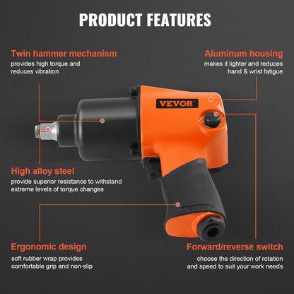 VEVOR Air Impact Wrench, 1/2" Drive Air Impact Gun Up to 880ft-lbs Nut-busting Torque, 7500RPM Lightweight Pneumatic Tool for Auto_epairs_nd_aintenance