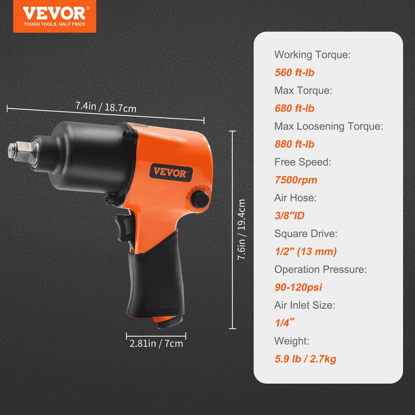 VEVOR Air Impact Wrench, 1/2" Drive Air Impact Gun Up to 880ft-lbs Nut-busting Torque, 7500RPM Lightweight Pneumatic Tool for Auto_epairs_nd_aintenance