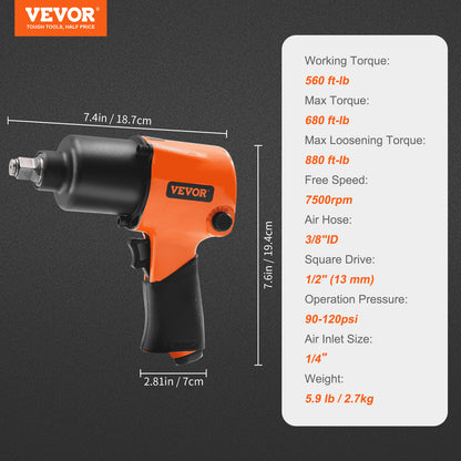 VEVOR Air Impact Wrench, 1/2" Drive Air Impact Gun Up to 880ft-lbs Nut-busting Torque, 7500RPM Lightweight Pneumatic Tool for Auto_epairs_nd_aintenance