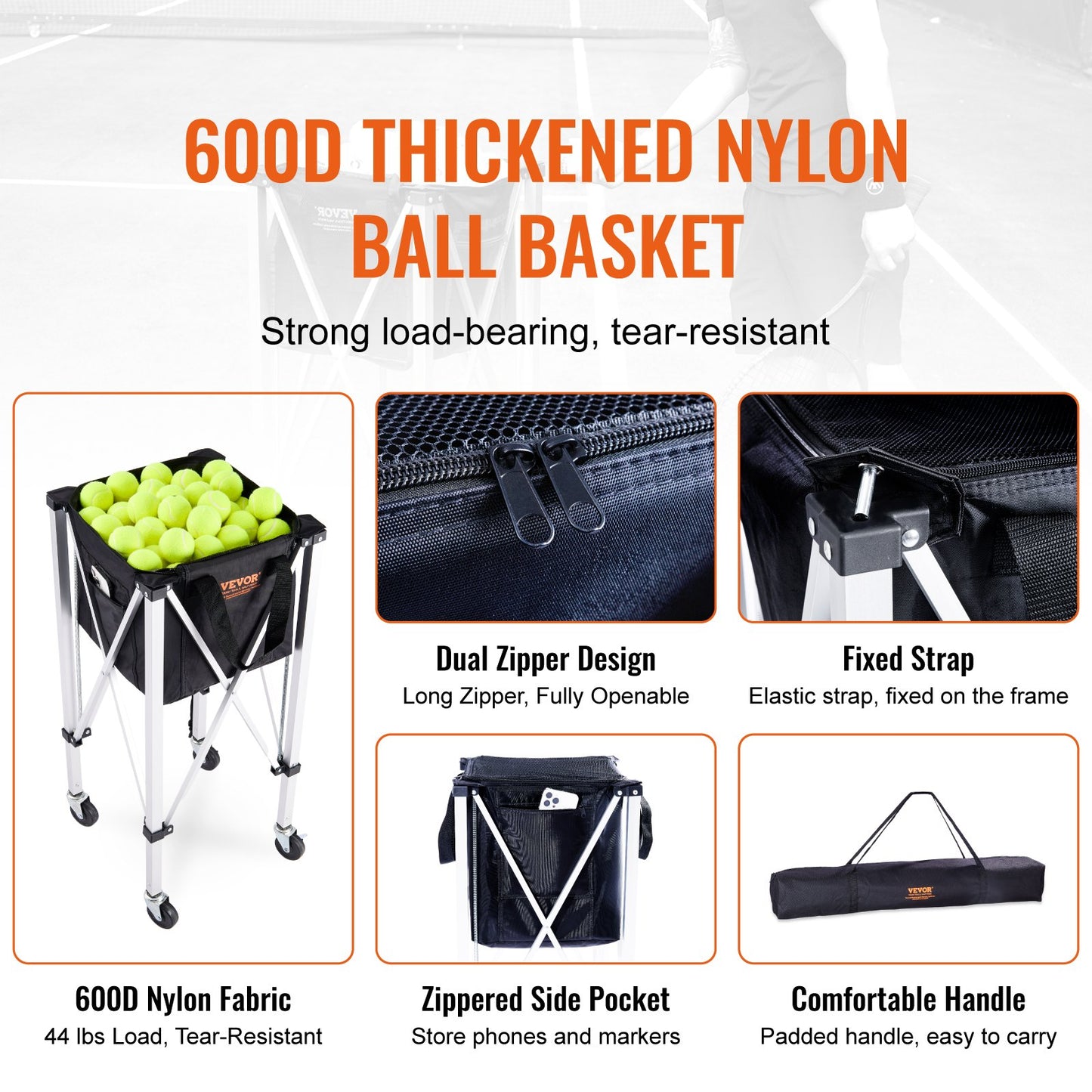 VEVOR Foldable Tennis Ball Hopper, Holds 150 Tennis Balls, Lightweight Aluminum Alloy Tennis Ball Basket Cart with Wheels, Removable Bag, Carry Bag, Portable Sports Teaching Cart for Tennis Player