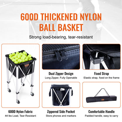 VEVOR Foldable Tennis Ball Hopper, Holds 150 Tennis Balls, Lightweight Aluminum Alloy Tennis Ball Basket Cart with Wheels, Removable Bag, Carry Bag, Portable Sports Teaching Cart for Tennis Player