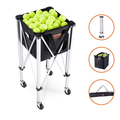 VEVOR Foldable Tennis Ball Hopper, Holds 150 Tennis Balls, Lightweight Aluminum Alloy Tennis Ball Basket Cart with Wheels, Removable Bag, Carry Bag, Portable Sports Teaching Cart for Tennis Player