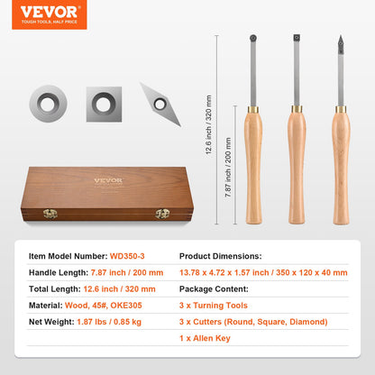 VEVOR Wood Lathe Chisel Set, 3 PCS Woodworking Turning Tools, Includes Square, Round, Diamond Carbide Blades, 20 cm Comfortable Grip Handles, Wood Chisel Set with Wooden Box For Turning Pens or Small