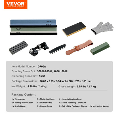VEVOR Whetstone Knife Sharpening Kit, 2 Dual-Sided Grit Whetstones 400/1000 3000/8000, 10PCS Knife Sharpener Kit with 3 Non-Slip Bases, Angle & Honing Guide, Flattening Stone for All Knives, Scissors