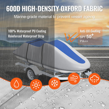 VEVOR Jet Ski Cover 320-342 cm Trailerable Waterproof PWC Cover, Heavy-duty 600D Marine Grade PU Oxford Fabric, UV Resistant Seadoo Cover with Buckle Straps, Personal Watercraft Covers, Grey+Blue