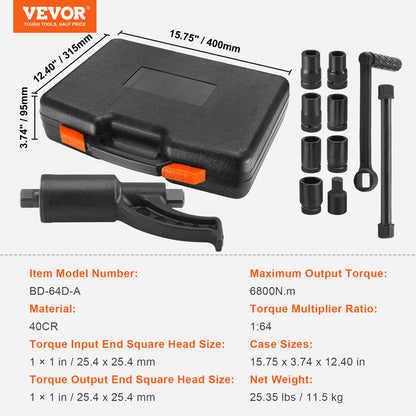 VEVOR Torque Multiplier, Heavy Duty Torque Multiplier Wrench Set, 1 Inch Drive Lug Nut Wrench Torque Multiplier, 1:64 6800N.m Lug Nut Remover, with 8 Sockets and Storage Case for Truck Trailer RV