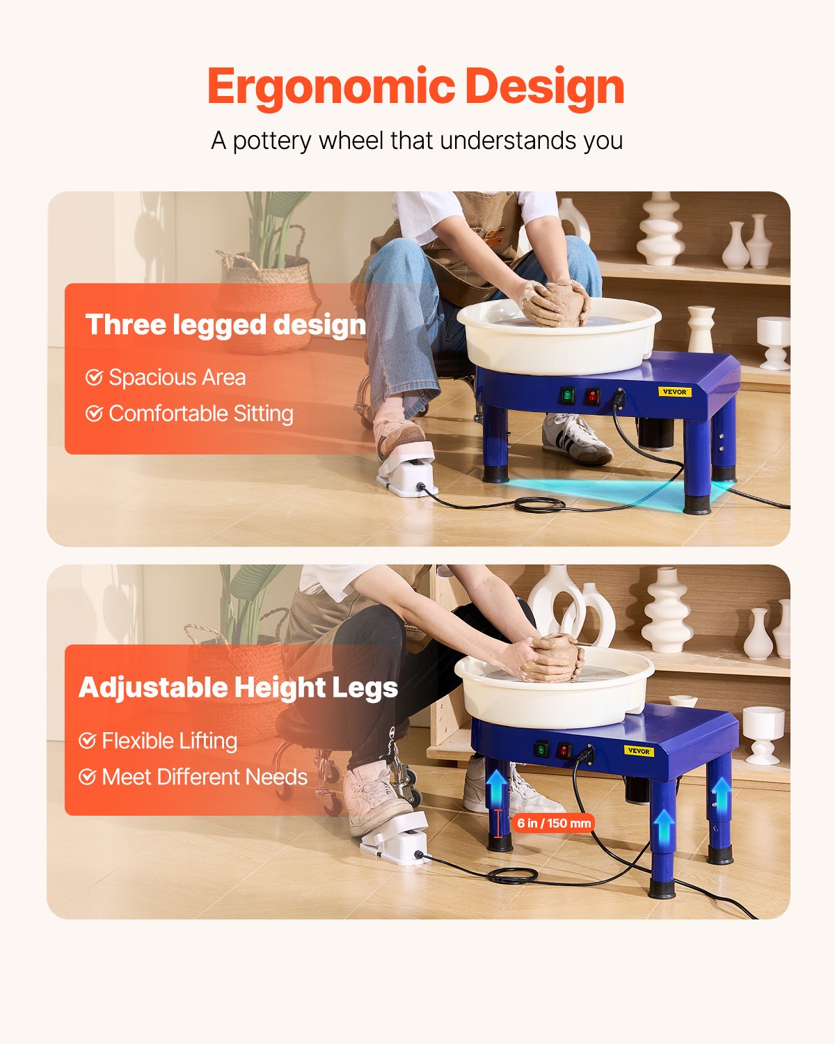 VEVOR Pottery Wheel, 35 cm Ceramic Wheel Forming Machine, 60-300 RPM Speed Adjustable Foot Pedal, Adjustable Lift Leg, Detachable Basin, Complete Tool Accessory Kit for Work Art Craft DIY, Blue