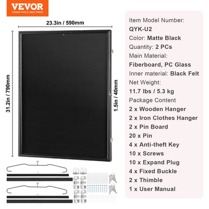 VEVOR 2PCs Jersey Display Frame Case, 590 x 790 x 40 mm, Large Lockable Sport Jersey Shadow Box with 98% UV Protection PC Glass and Hangers, for Baseball Basketball Football Hockey Shirt and Uniform