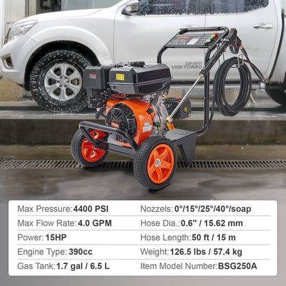 VEVOR Gas Pressure Washer Gas Powered Washer 4400 PSI 4.0 GPM 390cc 5 Nozzles
