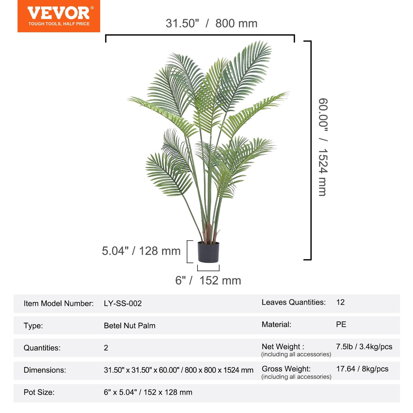 VEVOR Artificial Palm Tree, 1.5m Tall Faux Plant, Secure PE Material & Anti-Tip Tilt Protection Low-Maintenance Plant, Lifelike Green Fake Tree for Home Office Warehouse Decor Indoor Outdoor