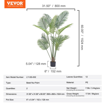 VEVOR Artificial Palm Tree, 1.5m Tall Faux Plant, Secure PE Material & Anti-Tip Tilt Protection Low-Maintenance Plant, Lifelike Green Fake Tree for Home Office Warehouse Decor Indoor Outdoor
