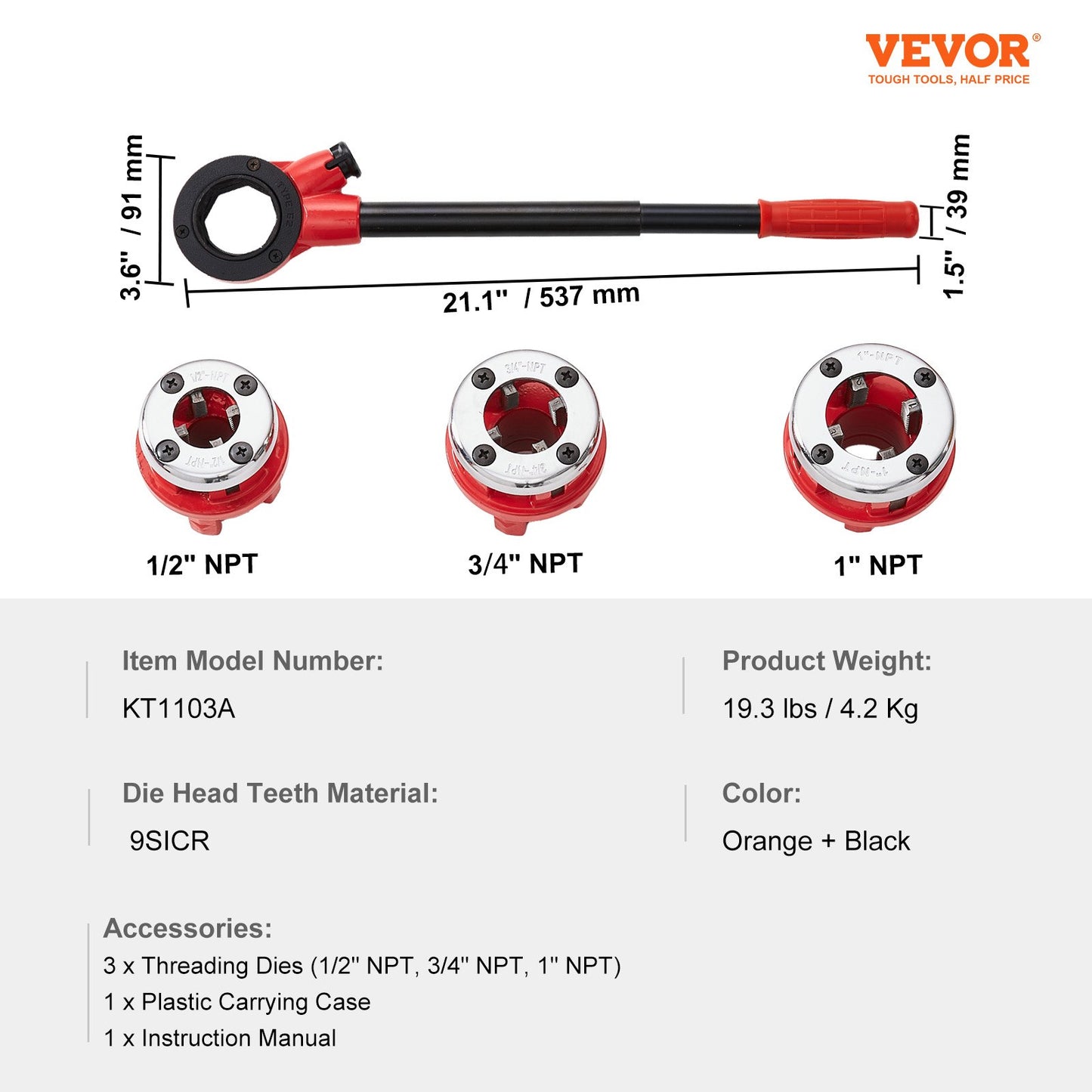 VEVOR Ratchet Pipe Threader Kit, 1/2" NPT, 3/4" NPT, 1" NPT Manual Ratcheting Pipe Threader, Portable Pipe Threading Tool Set with 3PCS NPT Dies, Storage Case for Galvanized Aluminum Iron Copper Pipes
