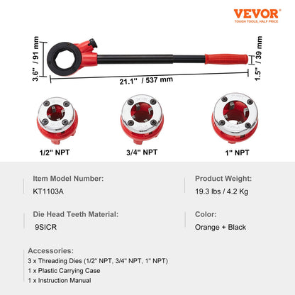 VEVOR Ratchet Pipe Threader Kit, 1/2" NPT, 3/4" NPT, 1" NPT Manual Ratcheting Pipe Threader, Portable Pipe Threading Tool Set with 3PCS NPT Dies, Storage Case for Galvanized Aluminum Iron Copper Pipes