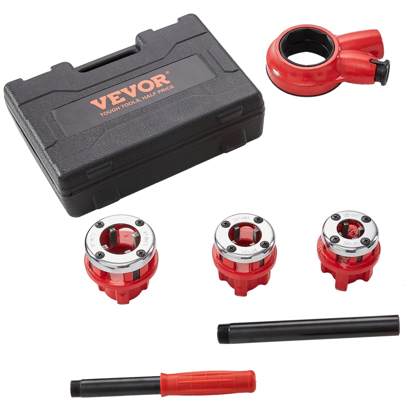 VEVOR Ratchet Pipe Threader Kit, 1/2" NPT, 3/4" NPT, 1" NPT Manual Ratcheting Pipe Threader, Portable Pipe Threading Tool Set with 3PCS NPT Dies, Storage Case for Galvanized Aluminum Iron Copper Pipes