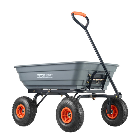 VEVOR Dump Cart, Poly Garden Dump Cart with Easy to Assemble Steel Frame, Dump Wagon with 2-in-1 Convertible Handle, Utility Wheelbarrow 272kg/ 600lbs Capacity, 25.5cm/ 10 inch Tires