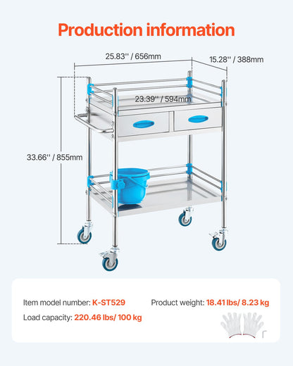 VEVOR Lab Serving Cart, 2 Layers Stainless Steel Utility Rolling Cart, Medical Cart with Two Drawers, Dental Utility Cart with Lockable Wheels and A Bucket, for Laboratory, Hospital, Dental Use