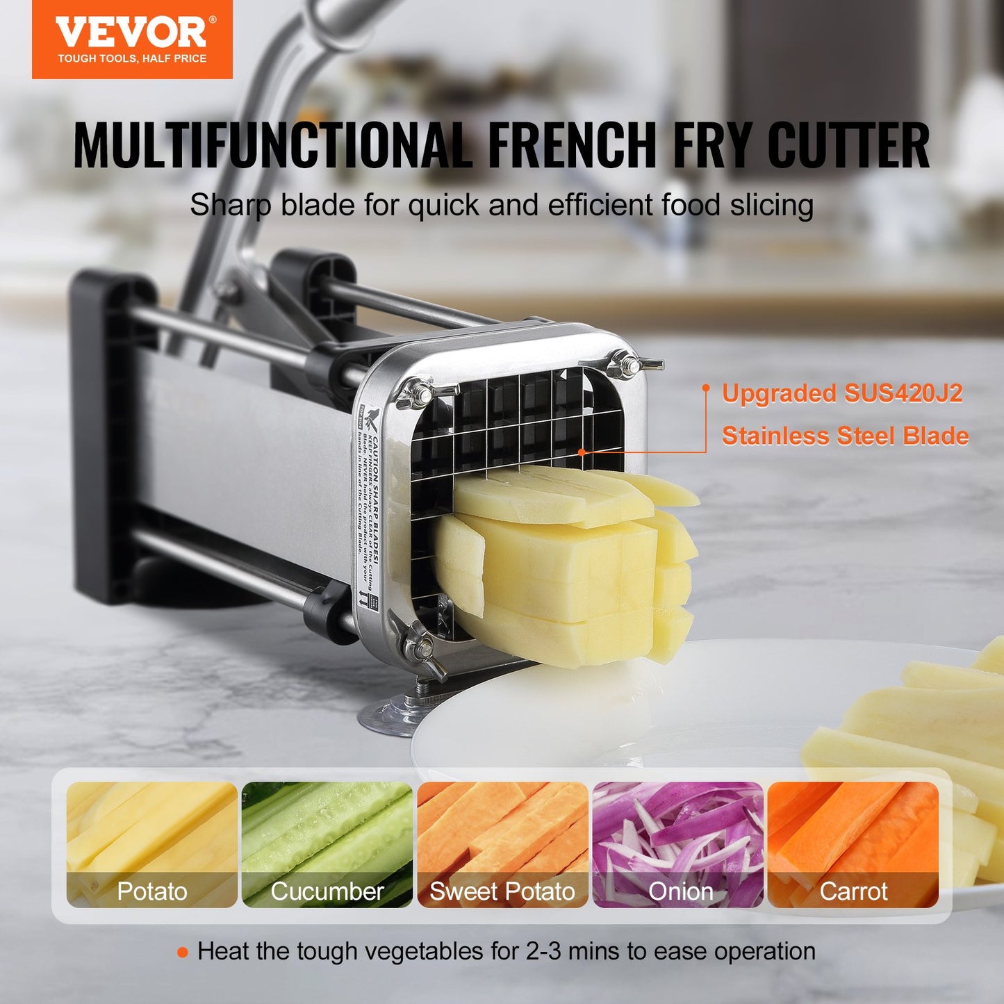 VEVOR French Fry Cutter, Potato Slicer with 1/2-Inch and 3/8-Inch Stainless Steel Blades, Manual Potato Cutter Chopper with Suction Cups, Great for Potato, French Fries, Cucumber, Vegetables, Carrot