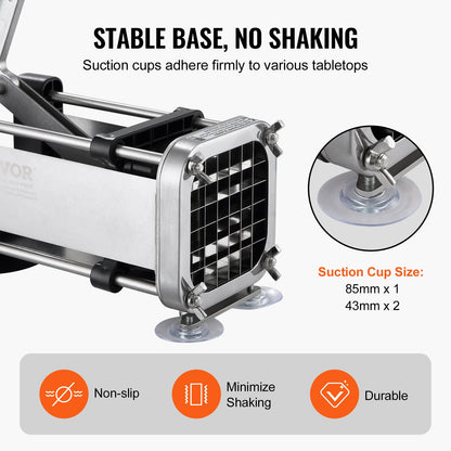 VEVOR French Fry Cutter, Potato Slicer with 1/2-Inch and 3/8-Inch Stainless Steel Blades, Manual Potato Cutter Chopper with Suction Cups, Great for Potato, French Fries, Cucumber, Vegetables, Carrot