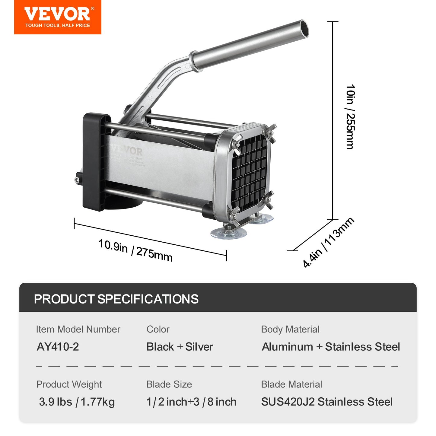VEVOR French Fry Cutter, Potato Slicer with 1/2-Inch and 3/8-Inch Stainless Steel Blades, Manual Potato Cutter Chopper with Suction Cups, Great for Potato, French Fries, Cucumber, Vegetables, Carrot