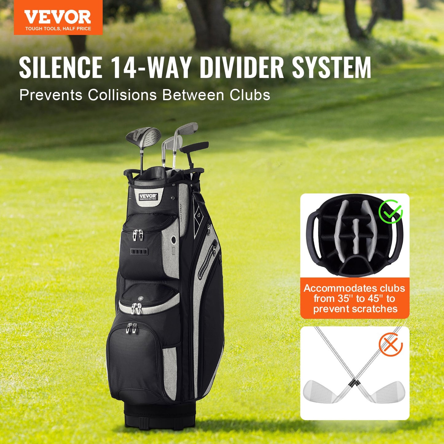 VEVOR Golf Cart Bag with 14 Way Organizer Divider Top, 13 Pockets Premium Cart Bag, Durable 600D Polyester Fabric Golf Bags with Handles & Dust Cover & Detachable Straps for Men & Women, Black Color-Block