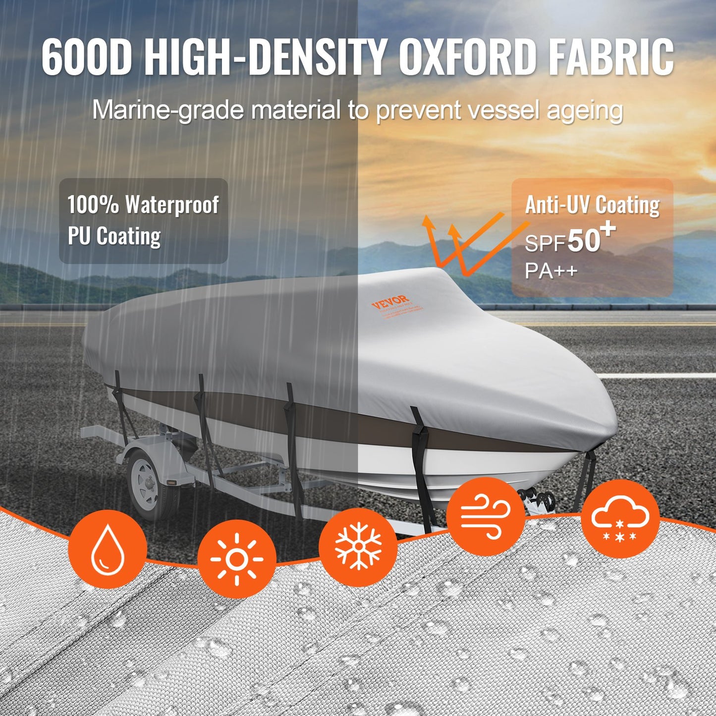 VEVOR Boat Cover 600D Waterproof 16-18.5 ft Boat Cover V-Hull Tri-Hull Runabout