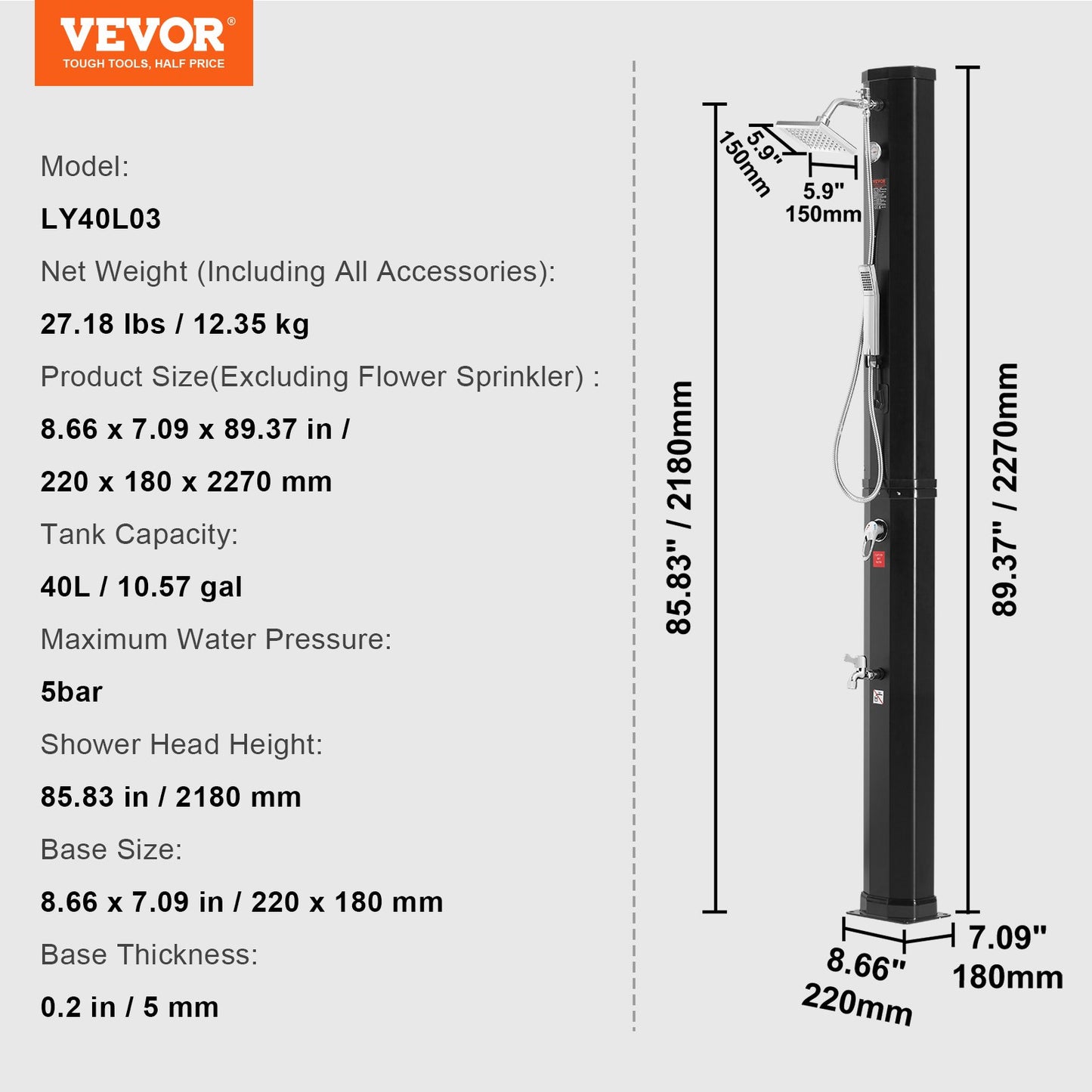 VEVOR Outdoor Solar Heated Shower, 40L Poolside Shower Kit with 2 Shower Head and Foot Shower Tap, Handheld/Hanging Two Modes Fast Assembly W/ Pre-Drilled Hole for Outdoor Backyard Poolside Beach Spa