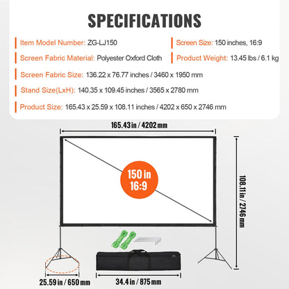 VEVOR Projector Screen with Stand, 150 inch 16:9 4K 1080 HD Outdoor Movie Screen with Stand, Wrinkle-Free Projection Screen with Tripods and Carry Bag, for Home Theater Cinema Backyard Movie Night