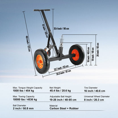 VEVOR Adjustable Trailer Dolly, 1000lbs Tongue Weight Capacity, Carbon Steel Trailer Mover with 19''-26'' Adjustable Height & 2'' Ball, 16'' Pneumatic Tires & Universal Wheel, for Moving RV Trailer