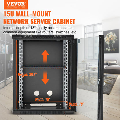 VEVOR 15U Wall Mount Network Cabinet, 226.8 kg Max. Ground Load Capacity, Server Rack Cabinet Enclosure with Locking Tempered Glass Door, Side Panels, Q235 Carbon Steel, for IT Equipment, A/V Devices