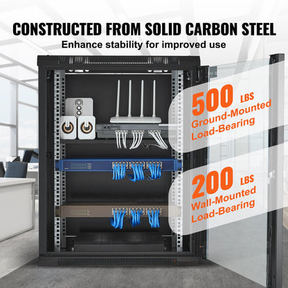 VEVOR 15U Wall Mount Network Cabinet, 226.8 kg Max. Ground Load Capacity, Server Rack Cabinet Enclosure with Locking Tempered Glass Door, Side Panels, Q235 Carbon Steel, for IT Equipment, A/V Devices