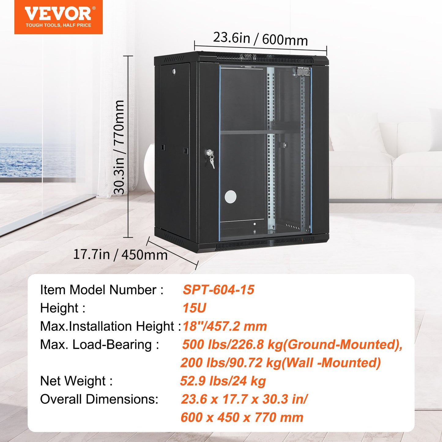 VEVOR 15U Wall Mount Network Cabinet, 226.8 kg Max. Ground Load Capacity, Server Rack Cabinet Enclosure with Locking Tempered Glass Door, Side Panels, Q235 Carbon Steel, for IT Equipment, A/V Devices