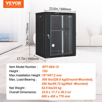 VEVOR 15U Wall Mount Network Cabinet, 226.8 kg Max. Ground Load Capacity, Server Rack Cabinet Enclosure with Locking Tempered Glass Door, Side Panels, Q235 Carbon Steel, for IT Equipment, A/V Devices