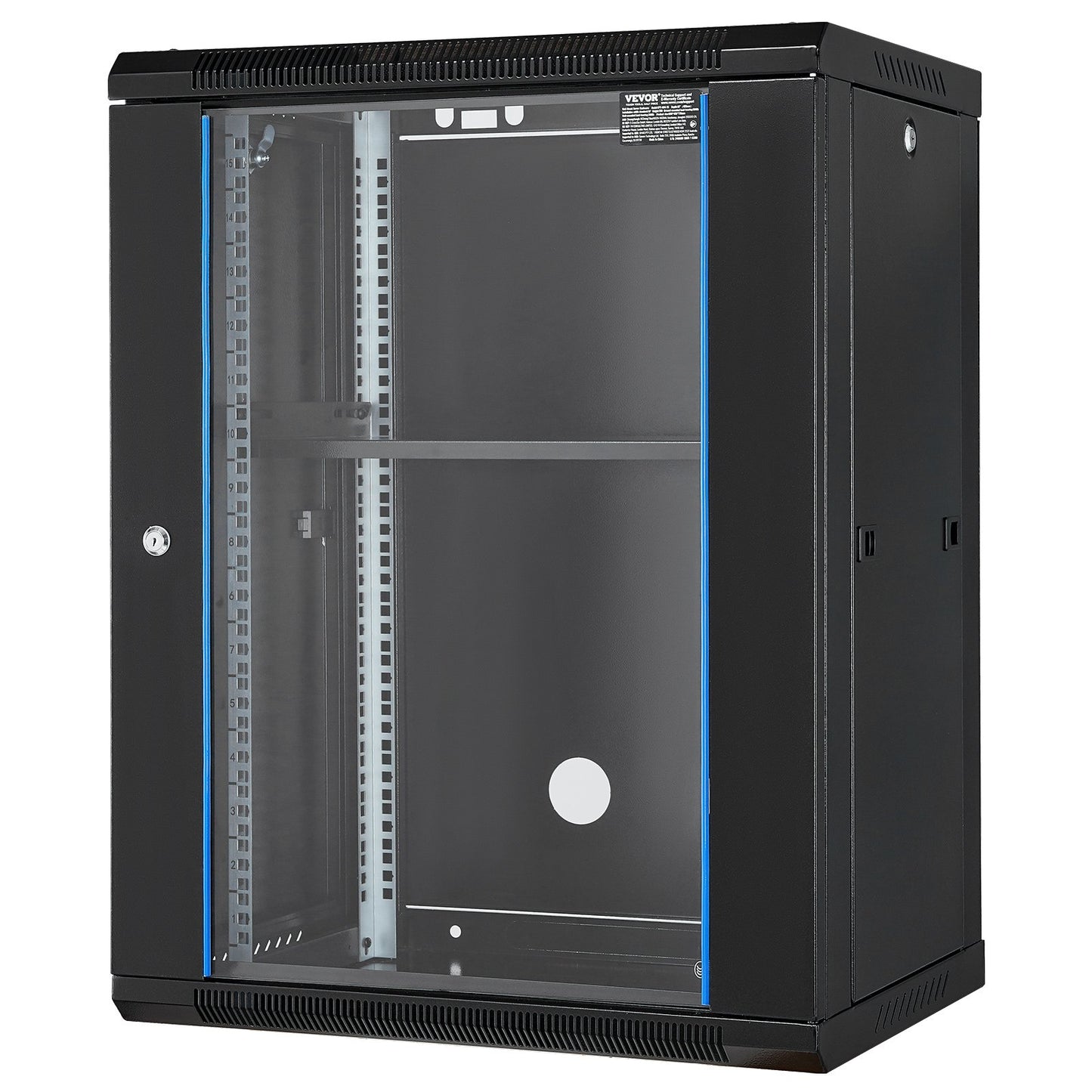 VEVOR 15U Wall Mount Network Cabinet, 226.8 kg Max. Ground Load Capacity, Server Rack Cabinet Enclosure with Locking Tempered Glass Door, Side Panels, Q235 Carbon Steel, for IT Equipment, A/V Devices