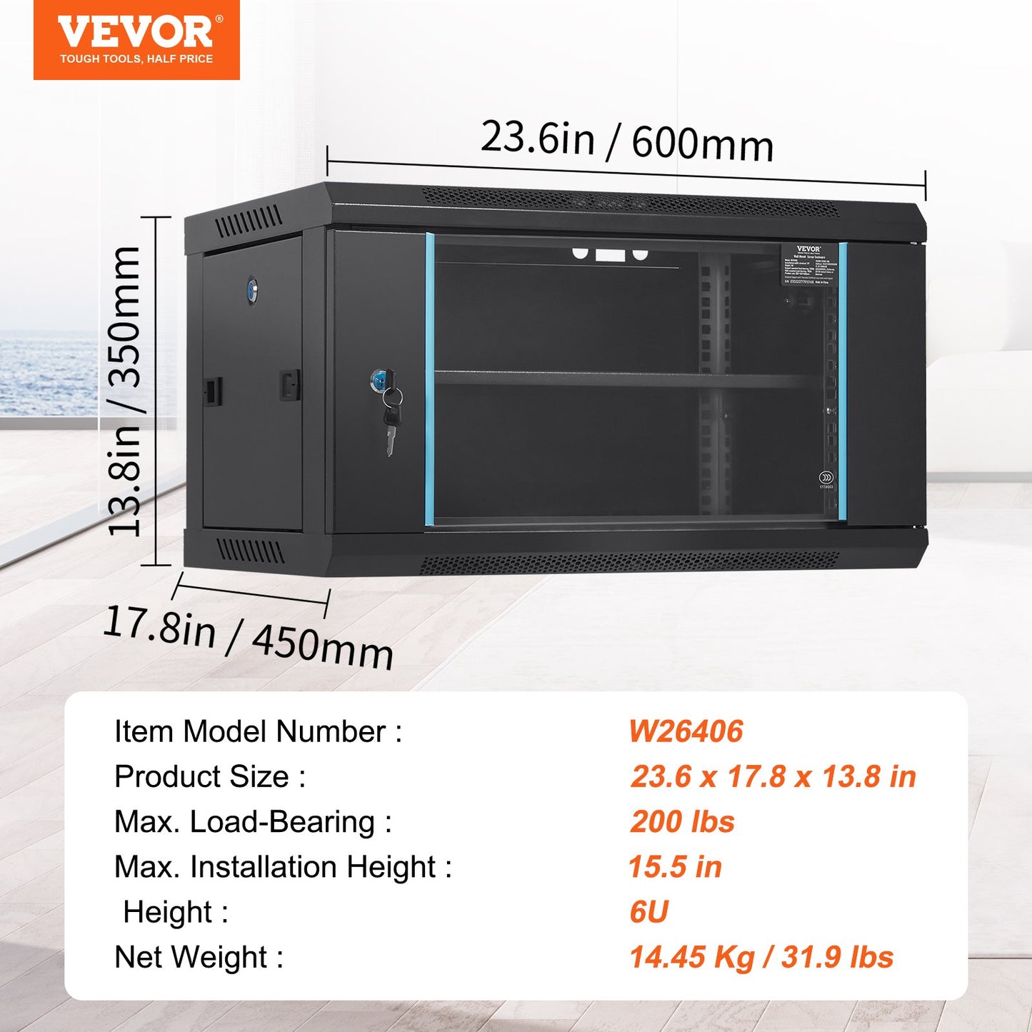 VEVOR 6U Wall Mount Network Server Cabinet, 15.5'' Deep, Server Rack Cabinet Enclosure, 200 lbs Max. Ground-mounted Load Capacity, with Locking Glass Door Side Panels, for IT Equipment, A/V Devices