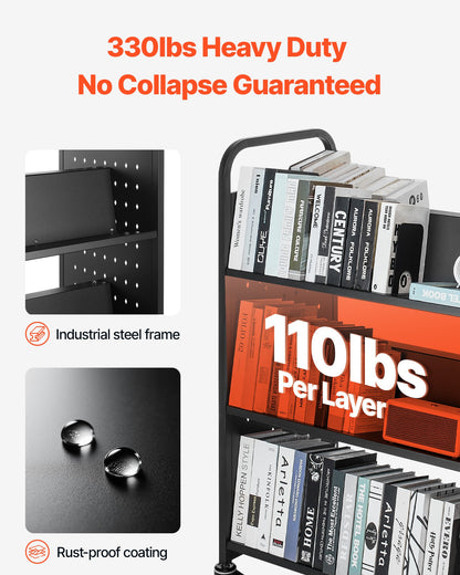 VEVOR Rolling Library Book Cart, 150 kg Capacity, 97 x 51.5 x 122.5 cm Library Cart, Double Sided W-Shaped Shelves with 76.2 mm Lockable Wheels, Book Truck for Home Shelves Office and School, Black