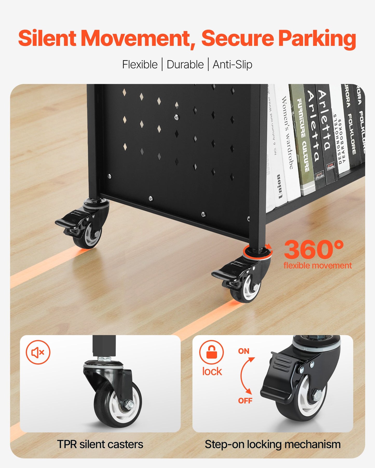 VEVOR Rolling Library Book Cart, 150 kg Capacity, 97 x 51.5 x 122.5 cm Library Cart, Double Sided W-Shaped Shelves with 76.2 mm Lockable Wheels, Book Truck for Home Shelves Office and School, Black