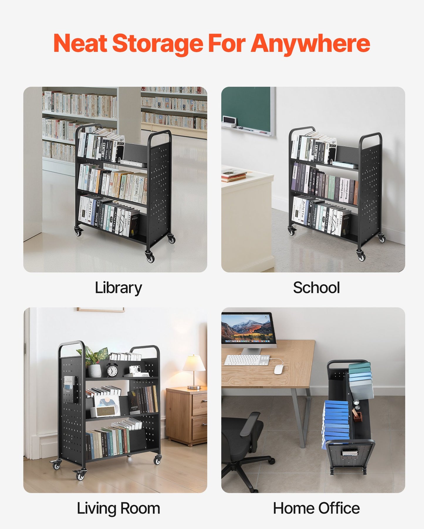 VEVOR Rolling Library Book Cart, 150 kg Capacity, 97 x 51.5 x 122.5 cm Library Cart, Double Sided W-Shaped Shelves with 76.2 mm Lockable Wheels, Book Truck for Home Shelves Office and School, Black