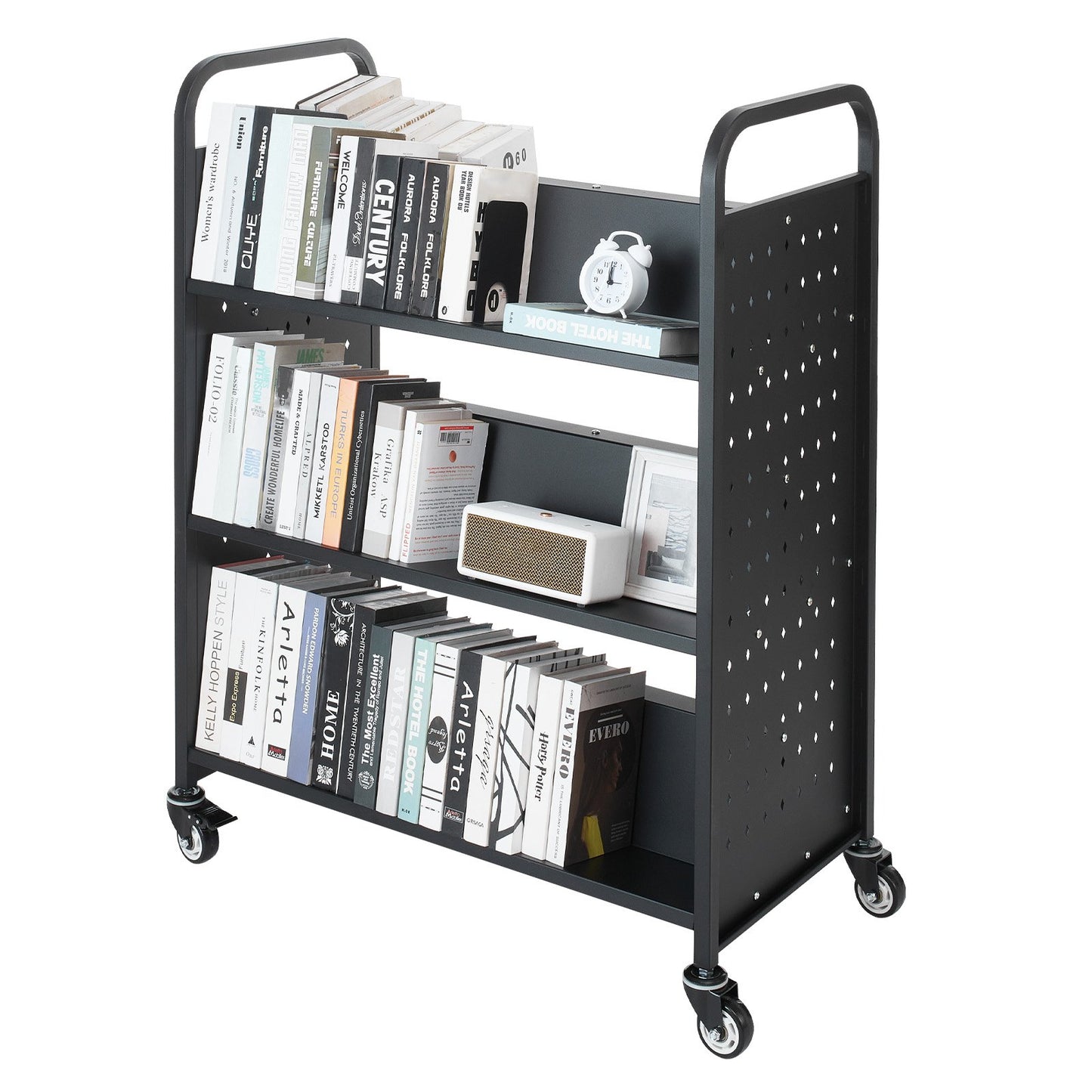 VEVOR Rolling Library Book Cart, 150 kg Capacity, 97 x 51.5 x 122.5 cm Library Cart, Double Sided W-Shaped Shelves with 76.2 mm Lockable Wheels, Book Truck for Home Shelves Office and School, Black