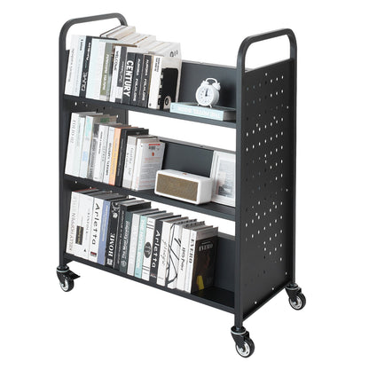 VEVOR Rolling Library Book Cart, 150 kg Capacity, 97 x 51.5 x 122.5 cm Library Cart, Double Sided W-Shaped Shelves with 76.2 mm Lockable Wheels, Book Truck for Home Shelves Office and School, Black