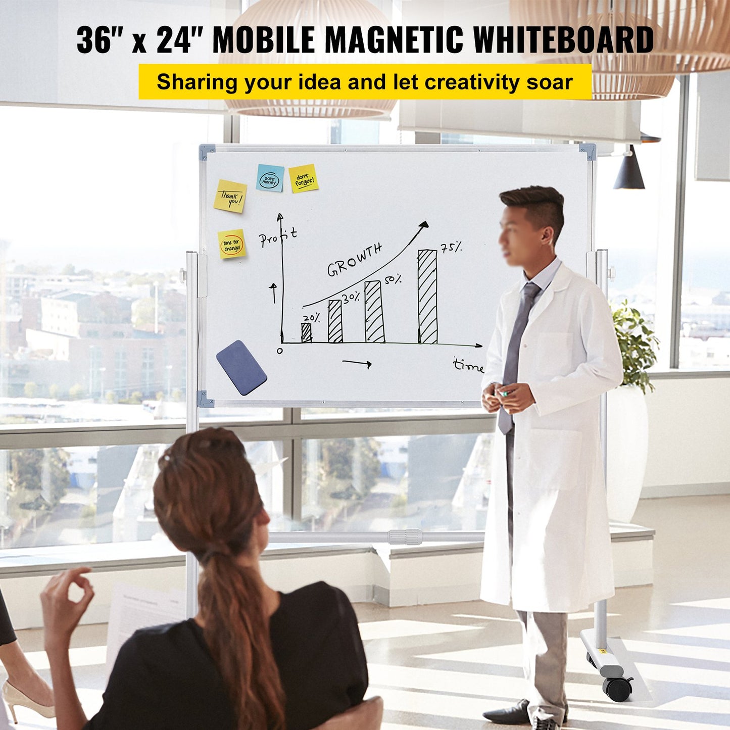 VEVOR Mobile Dry Erase Board Magnetic Whiteboard w/ Stand 60 x 90cm Double Sided